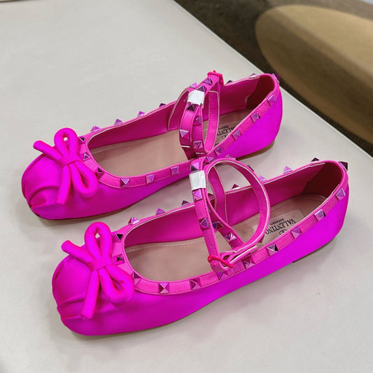 VALEN GARAVANI ROCKSTUD BALLERINAS IN HOT PINK SATIN