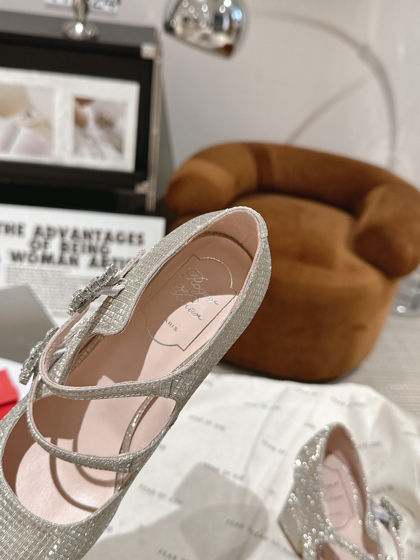 TRÈS VIVIER MARY JANE DOUBLE-STRAP PUMPS IN BEIGE CALFSKIN FULLY EMBELLISHED CRYSTALS