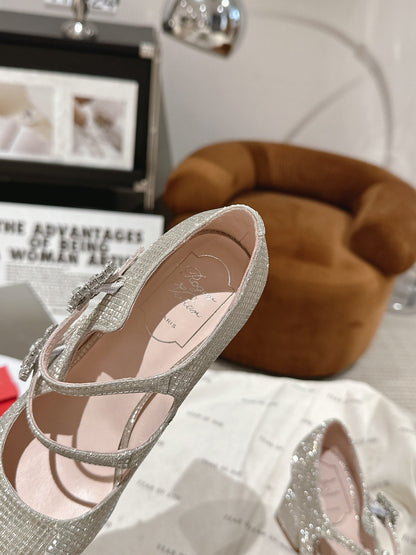 TRÈS VIVIER MARY JANE DOUBLE-STRAP PUMPS IN BEIGE CALFSKIN FULLY EMBELLISHED CRYSTALS