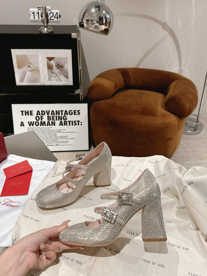 TRÈS VIVIER MARY JANE DOUBLE-STRAP PUMPS IN BEIGE CALFSKIN FULLY EMBELLISHED CRYSTALS