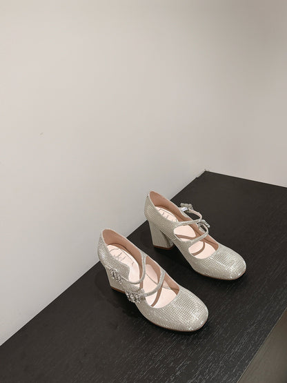 TRÈS VIVIER MARY JANE DOUBLE-STRAP PUMPS IN BEIGE CALFSKIN FULLY EMBELLISHED CRYSTALS
