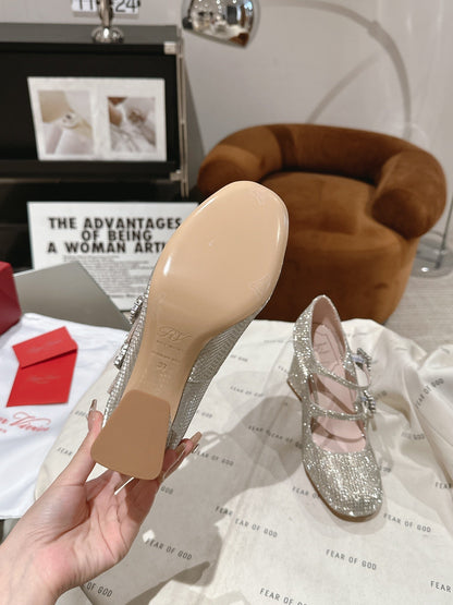 TRÈS VIVIER MARY JANE DOUBLE-STRAP PUMPS IN BEIGE CALFSKIN FULLY EMBELLISHED CRYSTALS