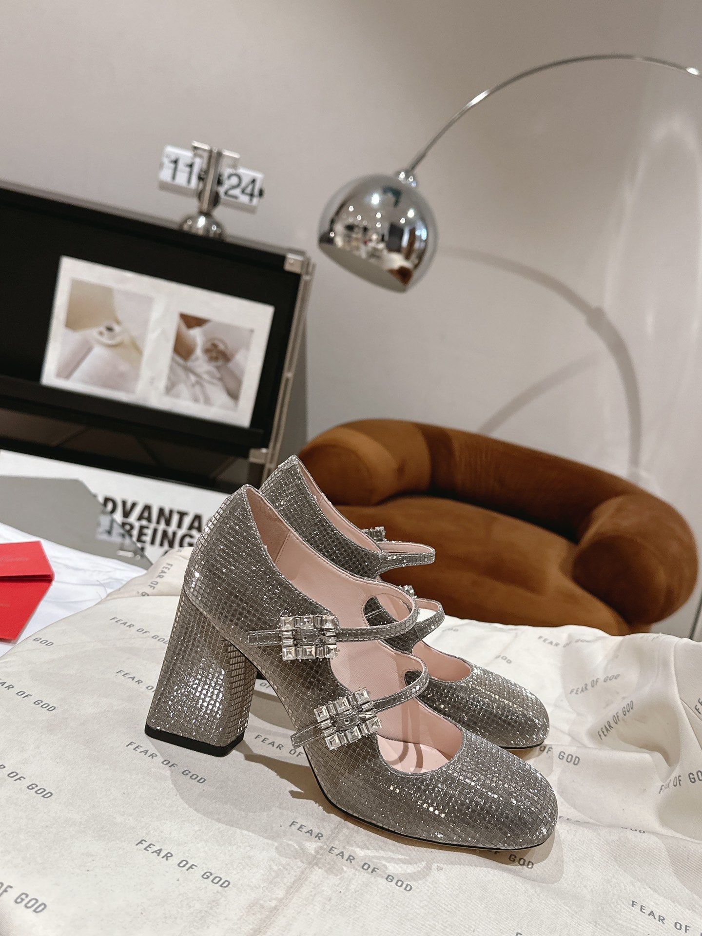 TRÈS VIVIER MARY JANE DOUBLE-STRAP PUMPS IN TAUPE CALFSKIN FULLY EMBELLISHED CRYSTALS