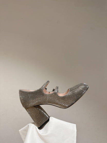 TRÈS VIVIER MARY JANE DOUBLE-STRAP PUMPS IN TAUPE CALFSKIN FULLY EMBELLISHED CRYSTALS