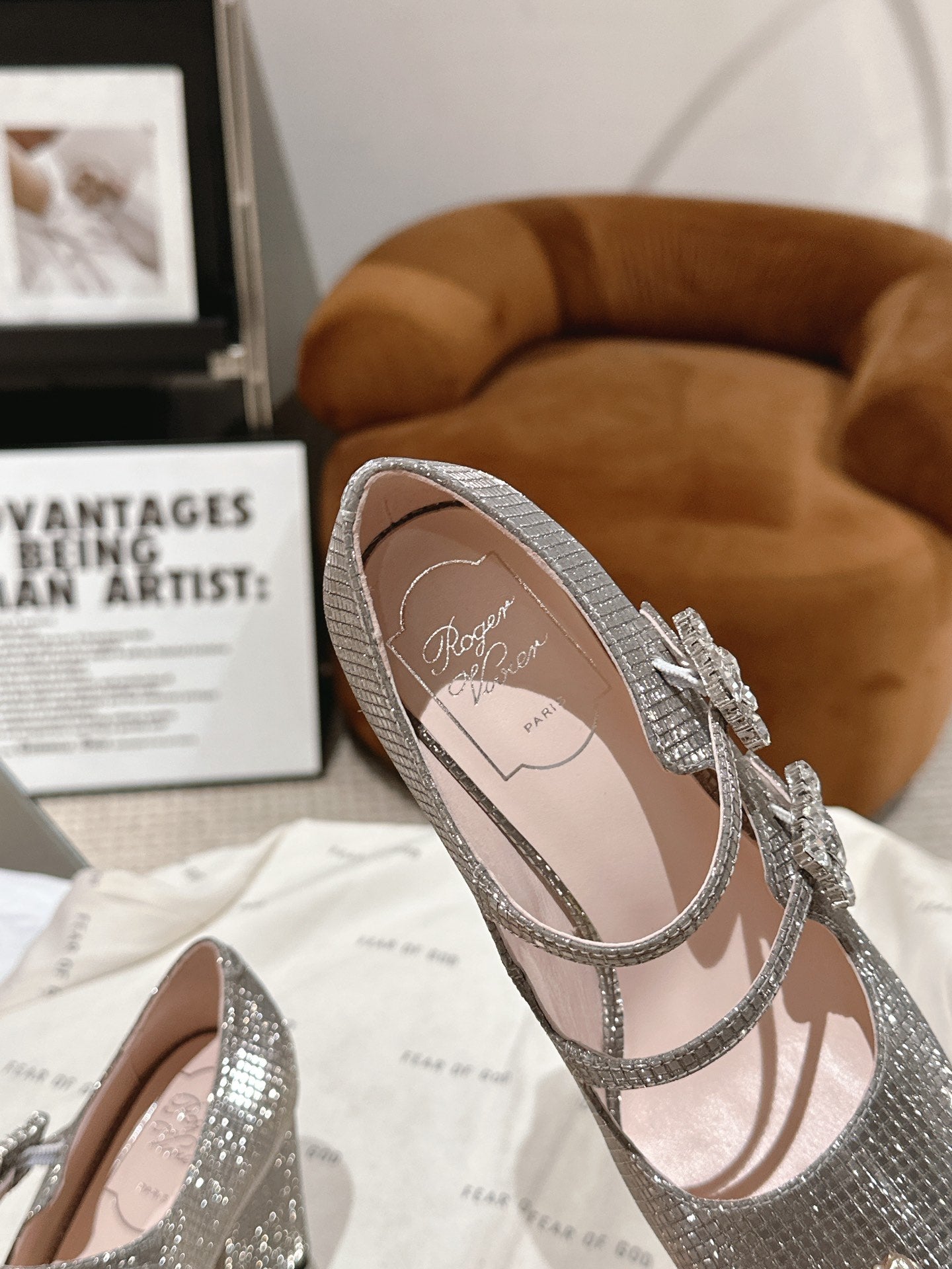 TRÈS VIVIER MARY JANE DOUBLE-STRAP PUMPS IN TAUPE CALFSKIN FULLY EMBELLISHED CRYSTALS