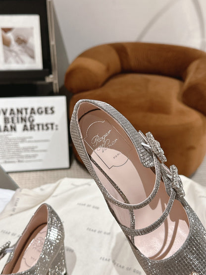 TRÈS VIVIER MARY JANE DOUBLE-STRAP PUMPS IN TAUPE CALFSKIN FULLY EMBELLISHED CRYSTALS
