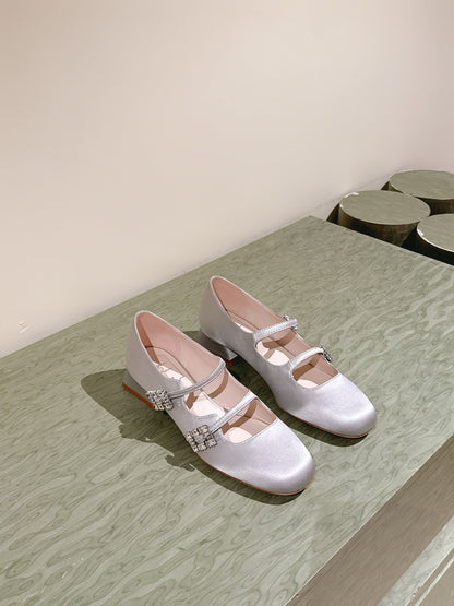 TRÈS VIVIER MARY JANE DOUBLE-STRAP IN SILVER SILK