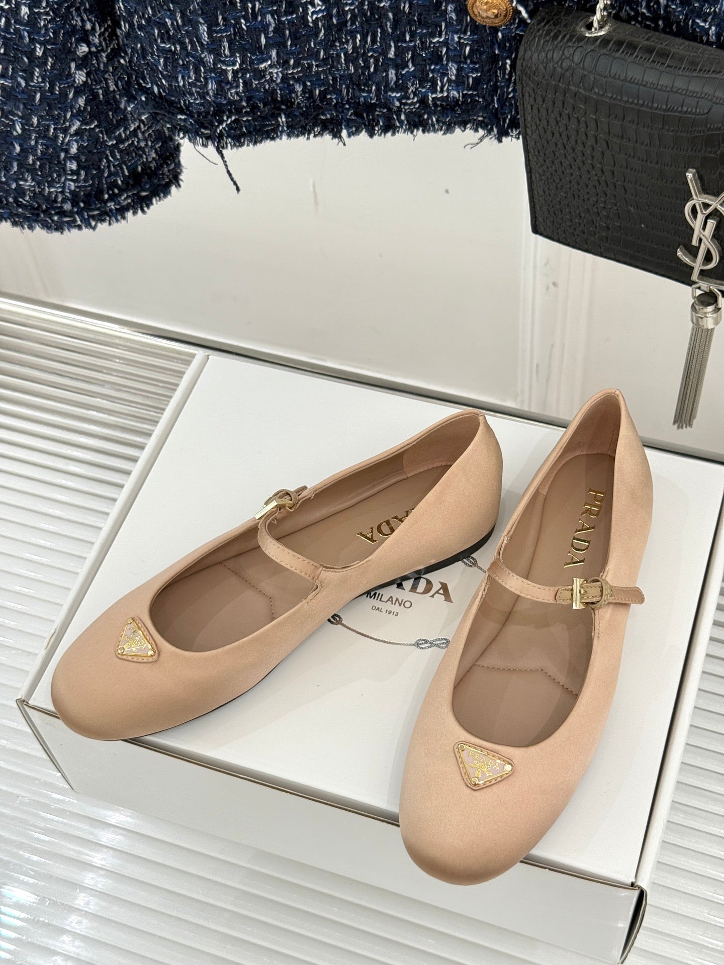 PRADA 25S BALLERINAS IN NUDE SATIN