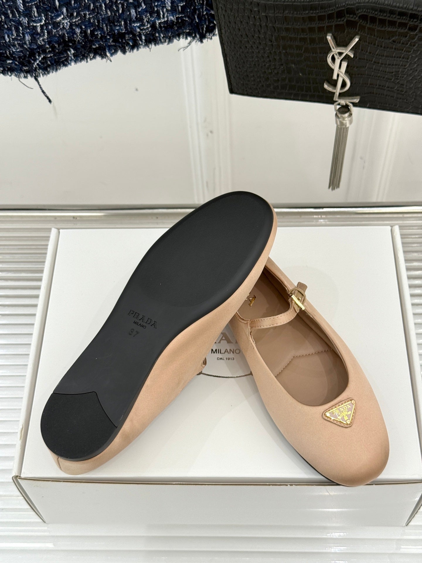 PRADA 25S BALLERINAS IN NUDE SATIN