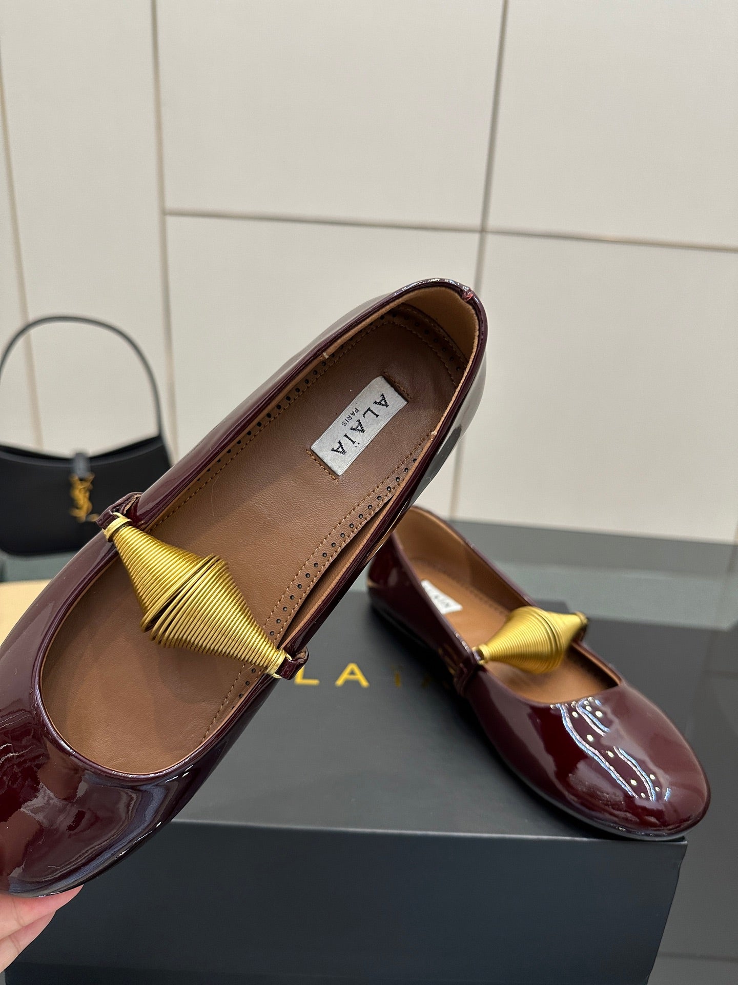 ALAIA BALLET SHOES 25S IN DARK RED PATENT LEATHER WITH GOLD HARDWARE