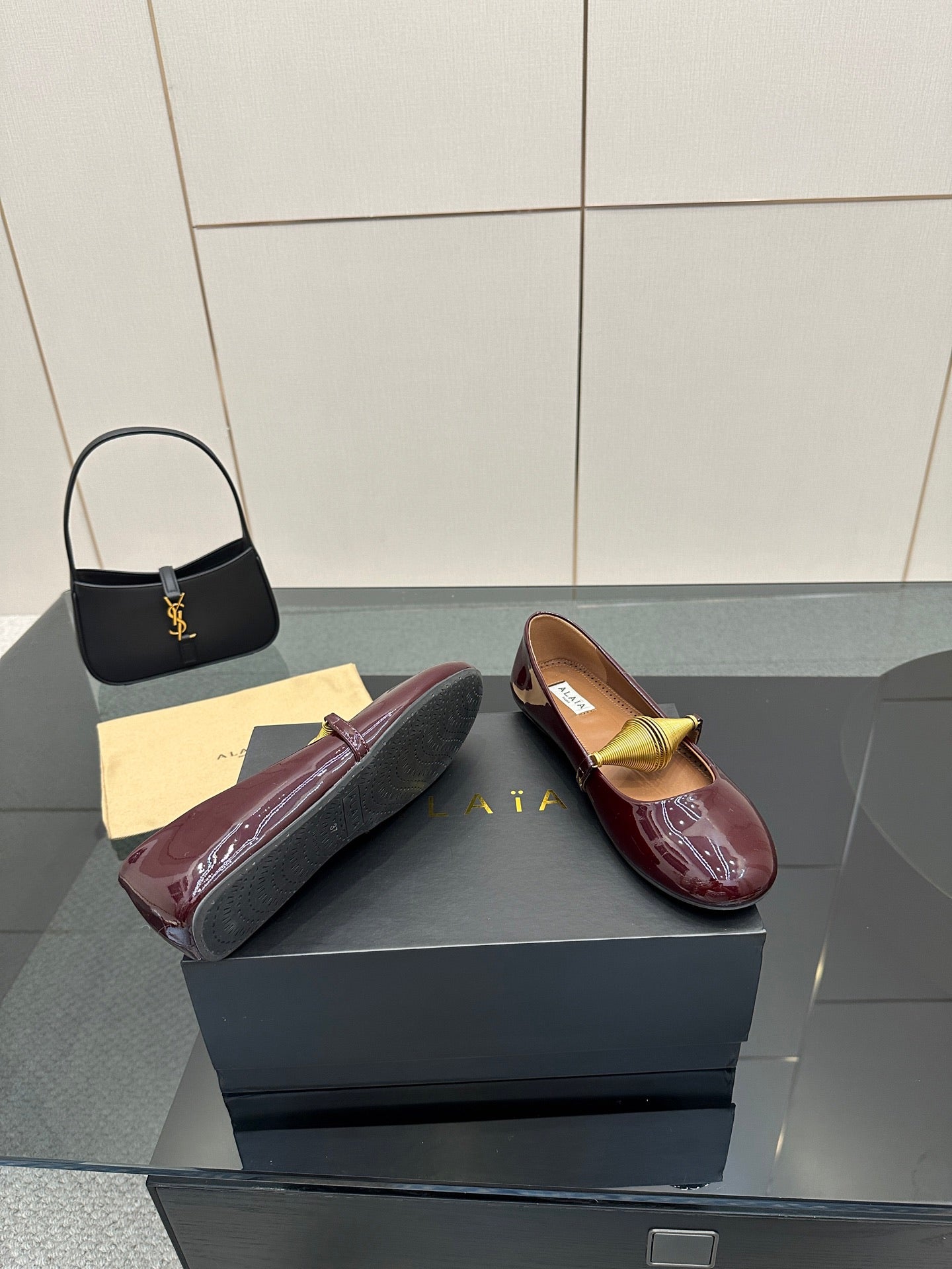 ALAIA BALLET SHOES 25S IN DARK RED PATENT LEATHER WITH GOLD HARDWARE